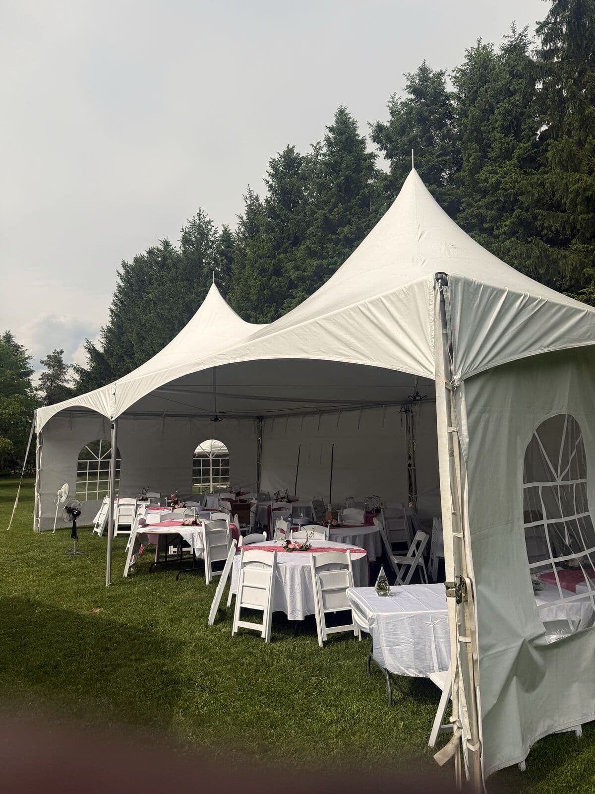 Peaked canopy with dressed round tables on the lawn